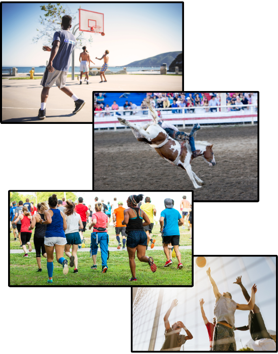 A series of photos with one of basketball, one of a rider on a bucking horse, people running, and another one with basketball through a net