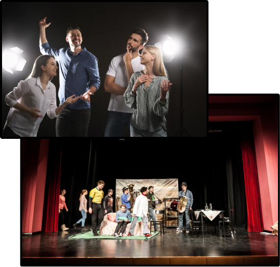 A dramatic pose with four people under bright lights, as well as various people on stage with all but one facing right