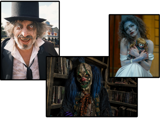 Three pictures, with a clown, a woman with a doll, and a disheveled looking person