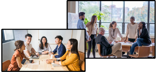 A group of two pictures with groups in conversation in an office type setting