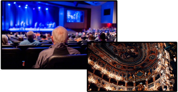 One picture focused on an audience and another on an ornately decorated ceiling and balconies