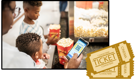 A few people getting popcorn and some clipart style tickets