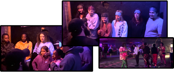 three pictures with three different groups, one having sleep masks, one group close together as though in conversation, and one spread out