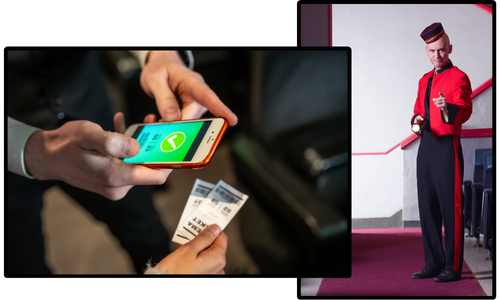 A phone with tickets being scanned, plus an usher seemingly pointing at you using the website